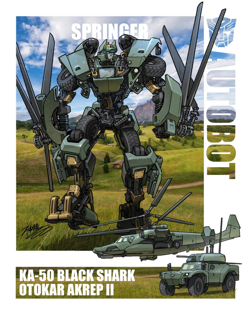 1boy, aircraft, autobot, blue_eyes, character_name, clenched_hand, ground_vehicle, helicopter, highres, ka-50_black_shark, looking_to_the_side, looking_up, mecha, military, military_vehicle, motor_vehicle, no_humans, otokar_akrep_ii, solo_focus, springer, tank, theamazingspino, transformers, turret, vehicle_name