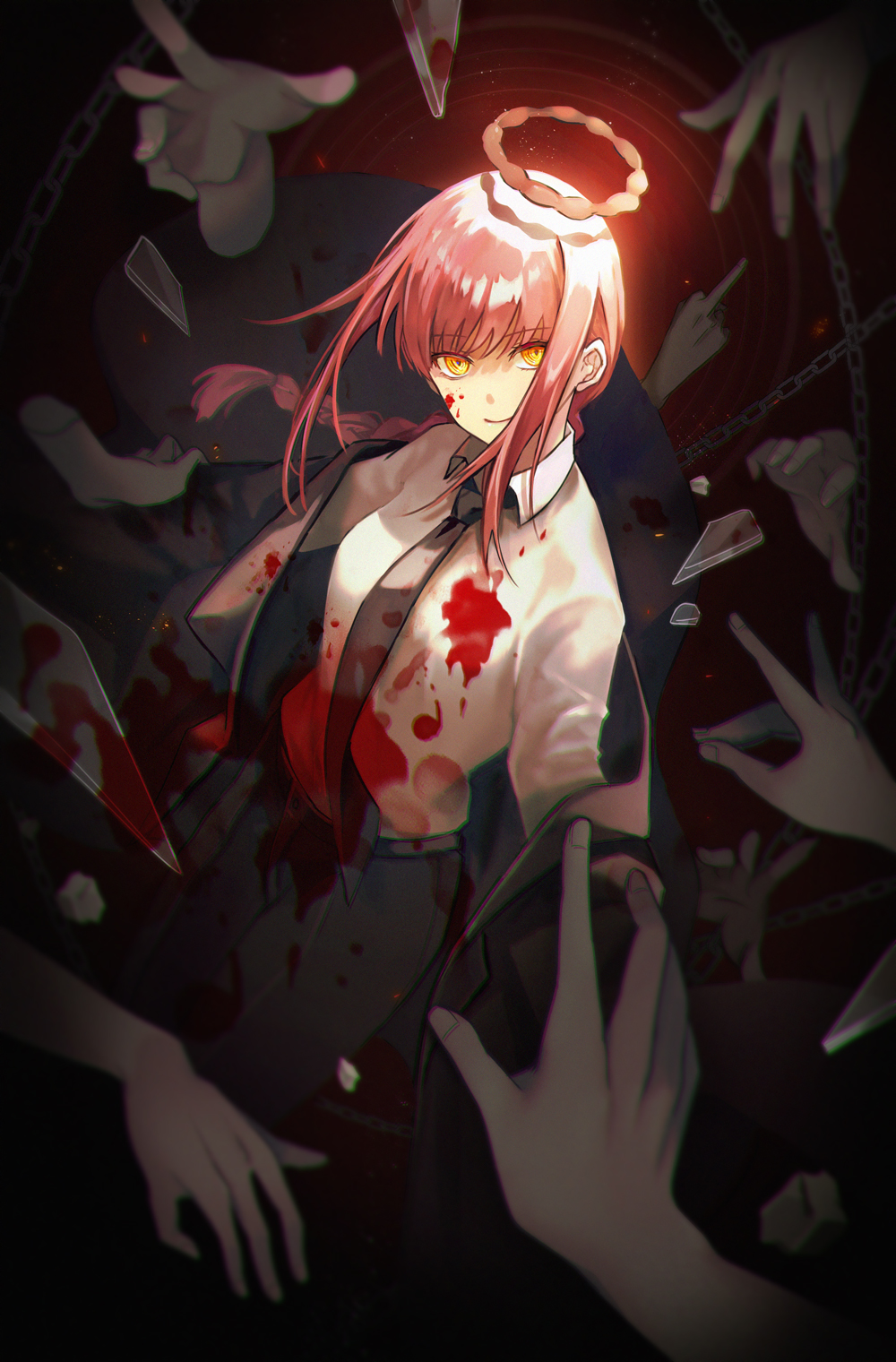 1girl, blood, braid, broken_glass, chain, chainsaw_man, formal, glass, halo, hands, highres, imi_fumei_(imifu-imifu), long_hair, looking_at_viewer, makima_(chainsaw_man), multiple_hands, necktie, suit