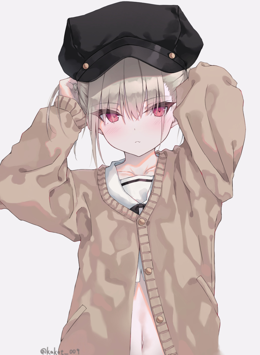 1girl, arms_up, bangs, black_headwear, blush, brown_cardigan, brown_hair, cabbie_hat