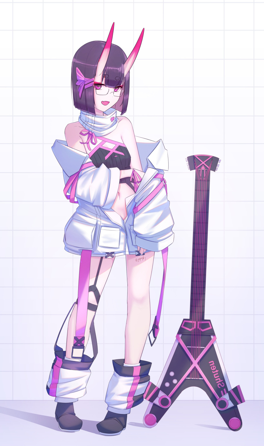 1girl, absurdres, artoria_pendragon_(all), bangs, bare_shoulders, black_shirt, breasts, cosplay, electric_guitar, eyeliner, fang, fate/grand_order, fate_(series), full_body, glasses, guitar, hair_ornament, highres, horns, instrument, jacket, long_sleeves, looking_at_viewer, makeup, mysterious_idol_x_(alter)_(fate), mysterious_idol_x_(alter)_(fate)_(cosplay), navel, off_shoulder, oni, oni_horns, pointy_ears, purple_hair, sawarineko, shirt, short_hair, short_ponytail, shuten_douji_(fate), skin-covered_horns, small_breasts, smile, violet_eyes, white_jacket