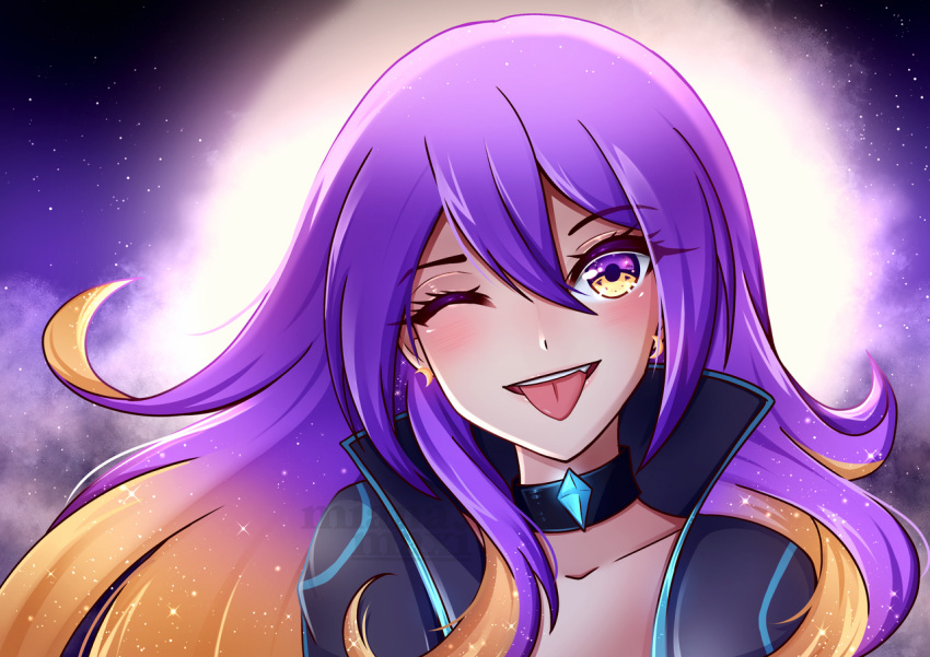 1girl, :p, backlighting, black_choker, blonde_hair, blue_hair, choker, clouds, collarbone, crescent, crescent_earrings, diamond_(gemstone), earrings, english_commentary, eyebrows_visible_through_hair, gradient_hair, hair_between_eyes, head_tilt, hololive, hololive_indonesia, jacket, jewelry, long_hair, looking_at_viewer, mianamaxi, moona_hoshinova, multicolored, multicolored_eyes, multicolored_hair, open_clothes, open_jacket, open_mouth, purple_hair, sky, solo, sparkle, standing, star_(sky), starry_sky, teeth, tongue, tongue_out, upper_body, very_long_hair, violet_eyes, virtual_youtuber, yellow_eyes