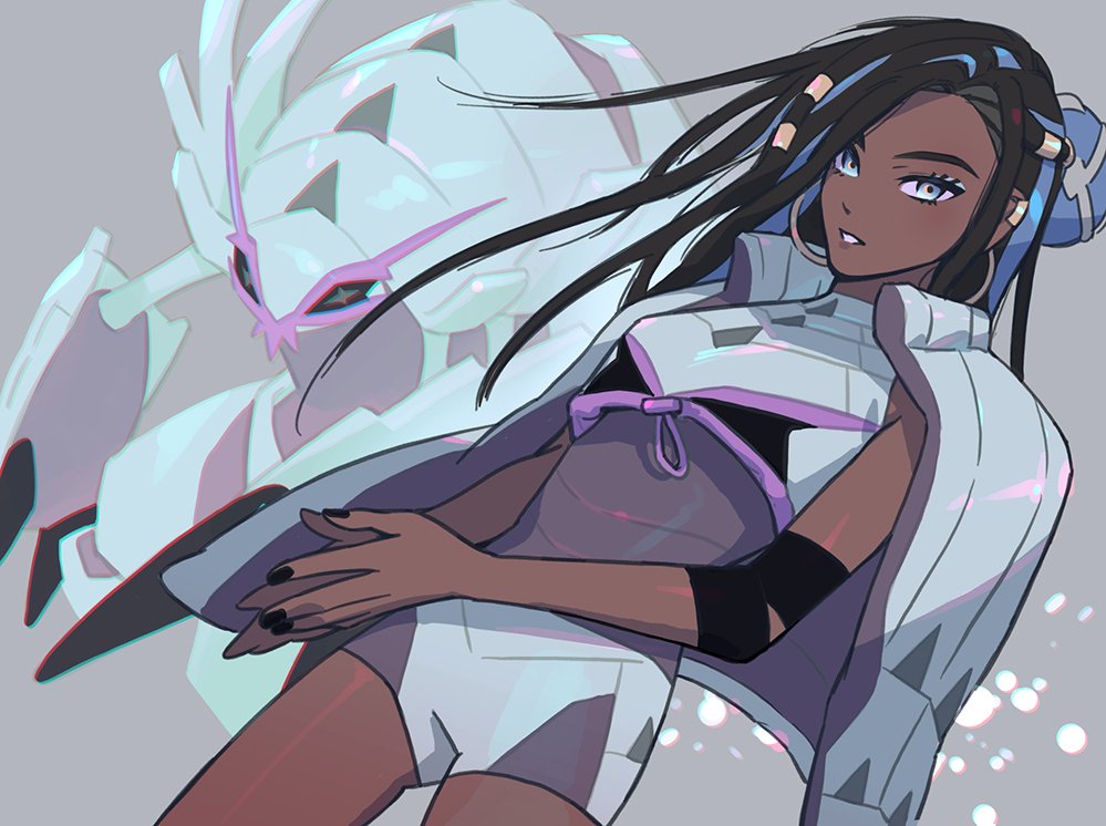 1girl, alternate_costume, bike_shorts, black_hair, black_nails, blue_eyes, blue_hair, commentary_request, crop_top, dark_skin, dark-skinned_female, ear_piercing, earrings, eyeshadow, gen_7_pokemon, golisopod, grey_background, gym_leader, hair_bun, hoop_earrings, jewelry, korean_commentary, long_hair, looking_at_viewer, makeup, mikripkm, multicolored_hair, nail_polish, nessa_(pokemon), parted_lips, piercing, pokemon, pokemon_(creature), pokemon_(game), pokemon_swsh, simple_background, two-tone_hair