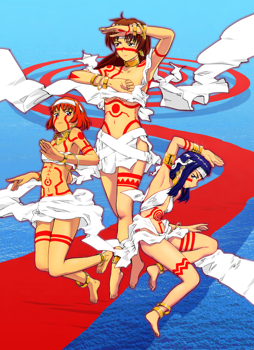 3girls, anklet, armlet, blue_eyes, blue_hair, breasts, brown_eyes, brown_hair