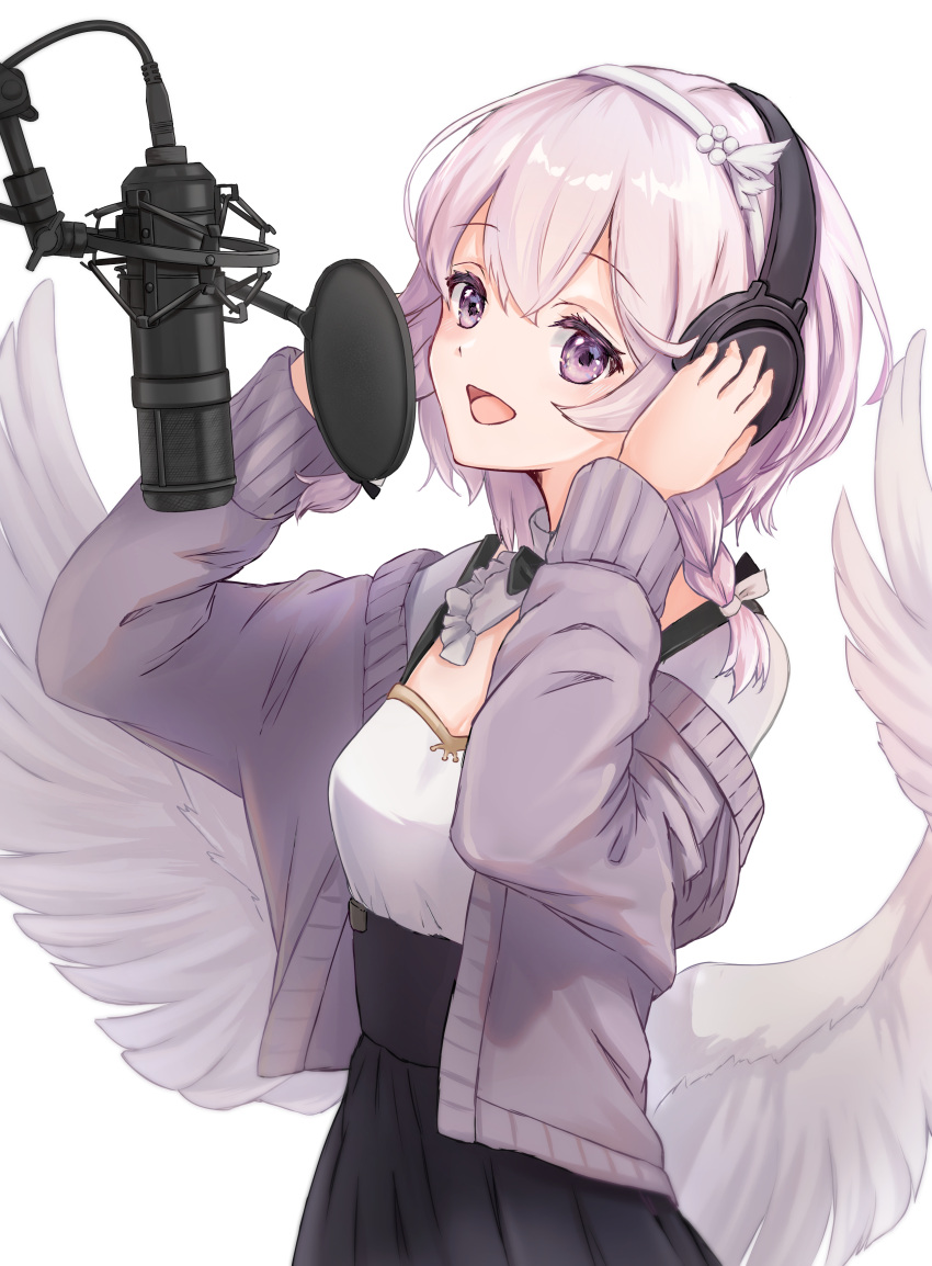 1girl, absurdres, bangs, black_skirt, breasts, commentary_request, eyebrows_visible_through_hair, feathered_wings