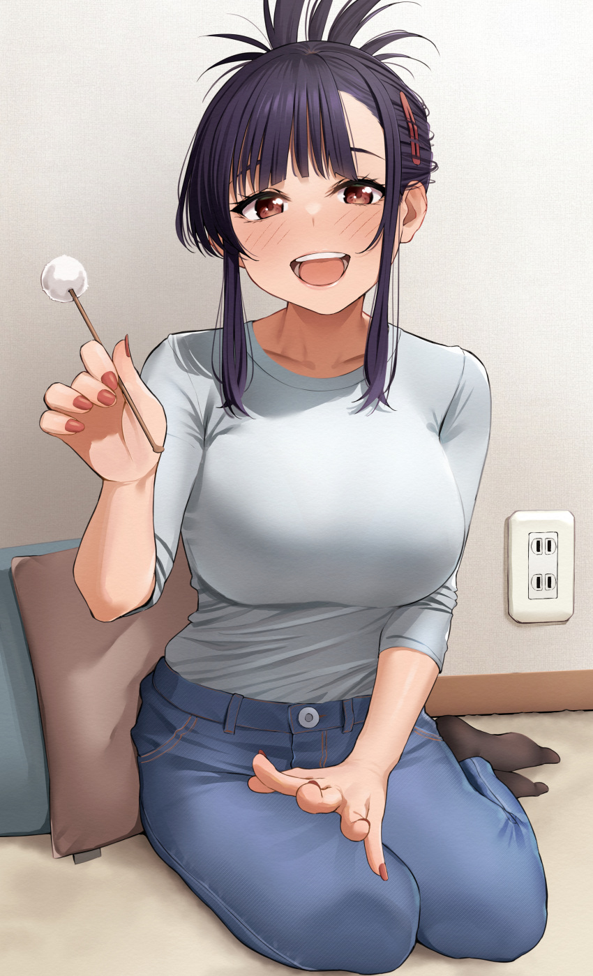 1girl, :d, absurdres, bangs, black_legwear, blue_pants, blush, breasts