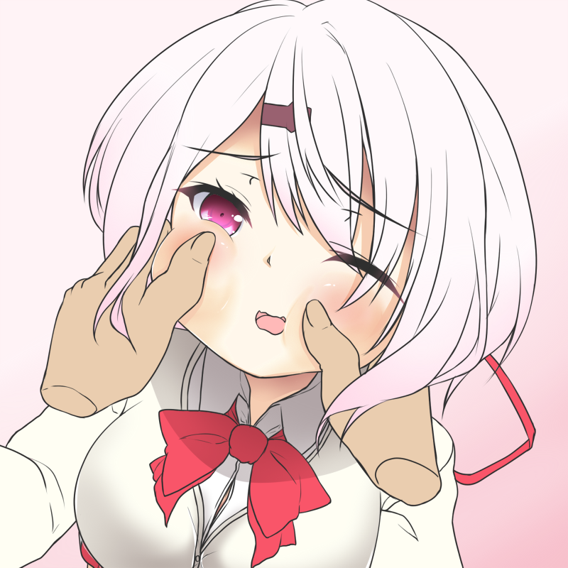 arms_up, bangs, beige_cardigan, bow, bowtie, buttons, cardigan, cheek_pinching, cheek_squash, collar, collared_shirt, disembodied_limb, dress_shirt, eyebrows_visible_through_hair, gradient, gradient_background, hair_ornament, hair_over_one_eye, hair_ribbon, hairclip, kitagawa_kagura, nijisanji, one_eye_closed, open_mouth, pinching, pink_background, pink_eyes, pink_hair, red_bow, red_neckwear, red_ribbon, ribbon, shiina_yuika, shirt, simple_background, swept_bangs, virtual_youtuber, wavy_mouth, white_shirt