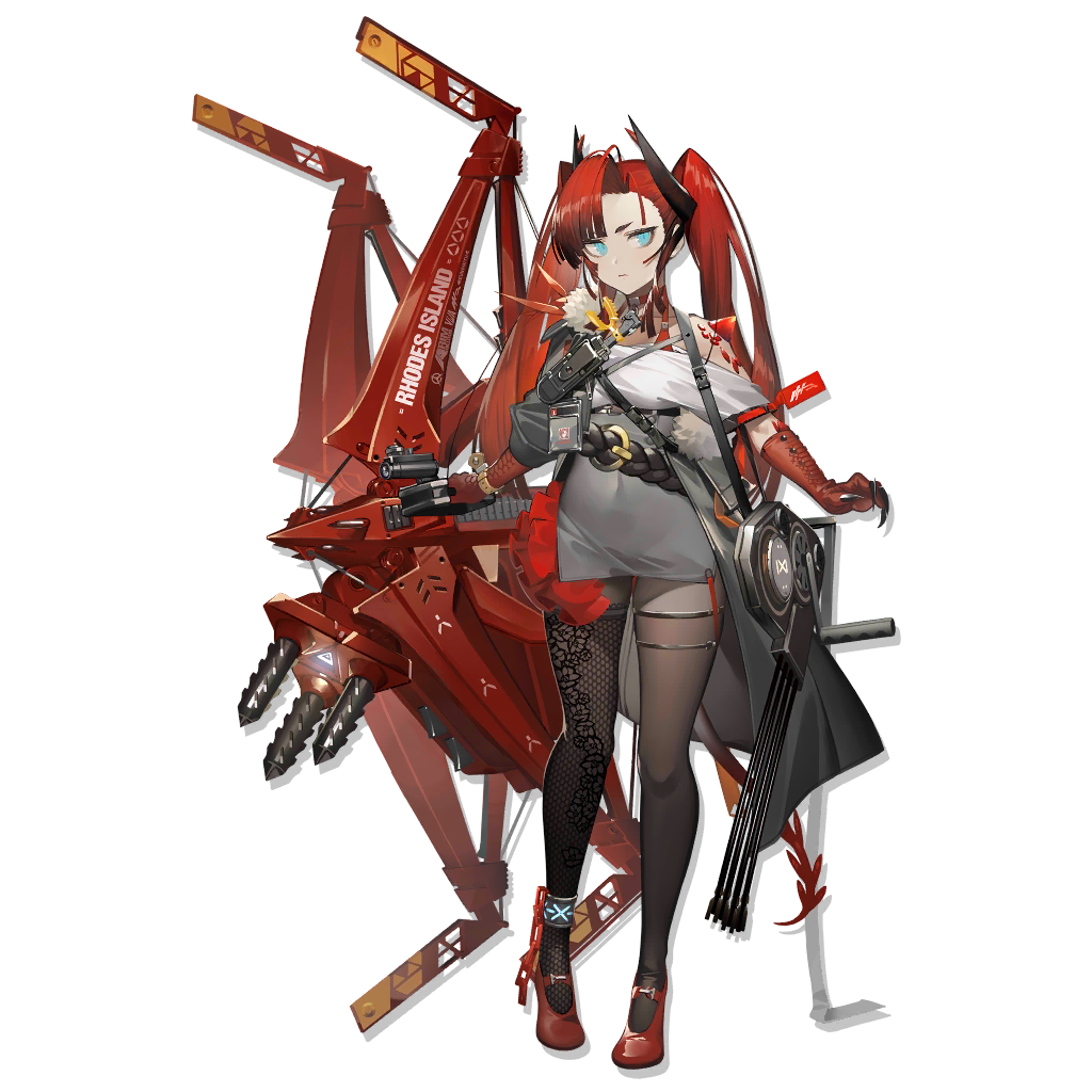 1girl, arknights, ballista, bare_shoulders, belt, black_belt, black_legwear, blue_eyes, bra_strap, covered_navel, full_body, grey_skirt, high-waist_skirt, high_heels, horns, infection_monitor_(arknights), izuru_(timbermetal), long_hair, looking_at_viewer, off-shoulder_shirt, off_shoulder, official_art, oripathy_lesion_(arknights), pencil_skirt, red_footwear, redhead, shirt, short_sleeves, skirt, solo, standing, thigh-highs, toddifons_(arknights), transparent_background, twintails, white_shirt