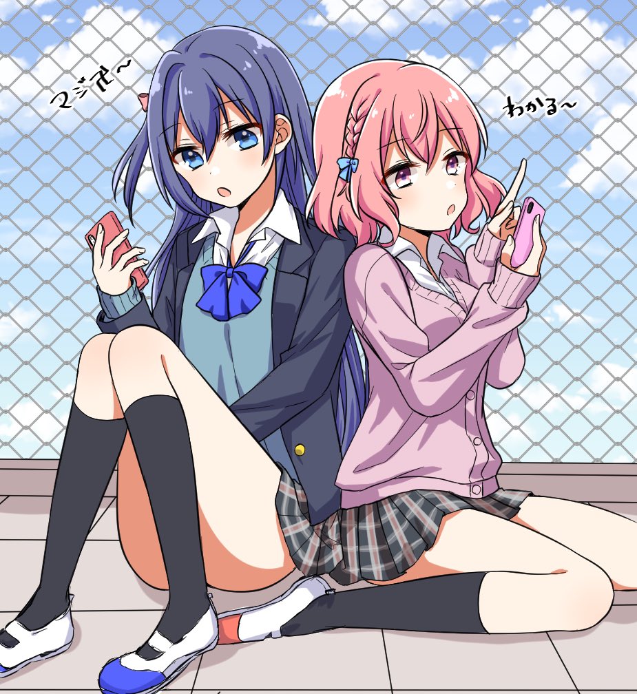 2girls, after_the_rain, blue_eyes, blue_hair, chain-link_fence, fence, holding, long_hair