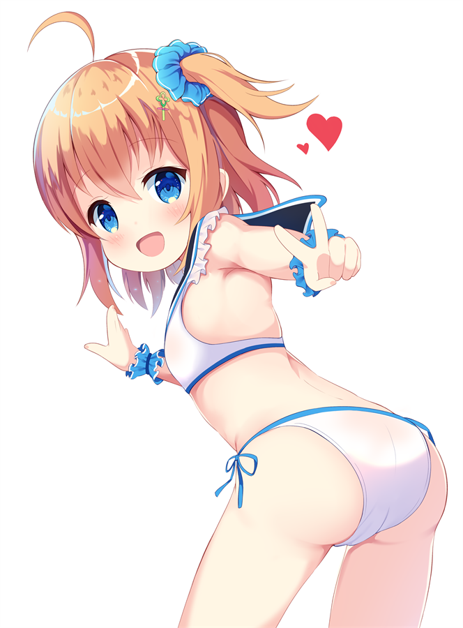ahoge, ass, bangs, bikini, blue_eyes, blush, breasts, eyebrows_visible_through_hair