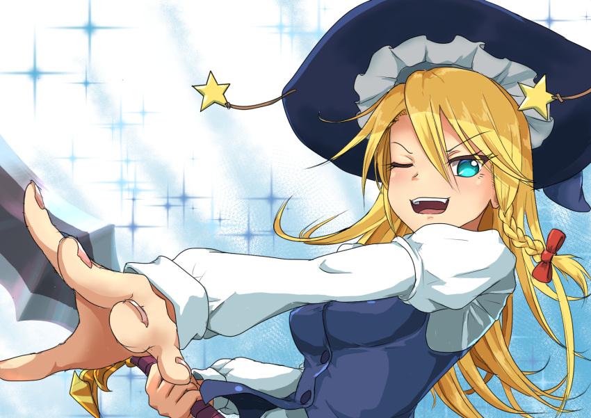 1girl, bangs, black_headwear, black_vest, blonde_hair, blouse, blue_eyes, breasts, buttons, commentary_request, cookie_(touhou), eyebrows_visible_through_hair, eyes_visible_through_hair, hair_between_eyes, hat, holding, holding_sword, holding_weapon, juliet_sleeves, kirisame_marisa, long_hair, long_sleeves, looking_at_viewer, medium_breasts, one_eye_closed, open_mouth, outstretched_arm, puffy_sleeves, ruka_(cookie), solo, star_(symbol), sword, tassel, touhou, upper_body, upper_teeth, vest, weapon, white_blouse, witch_hat, yatsukahagi