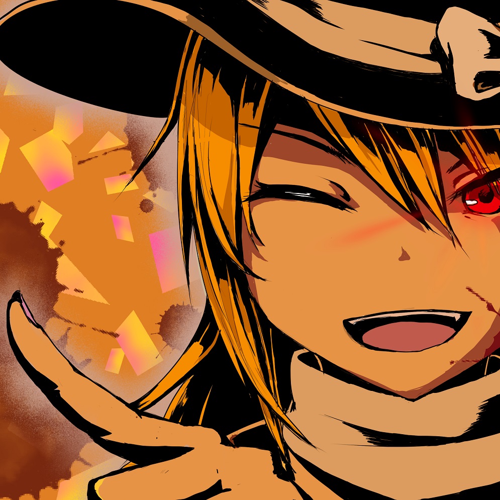 1girl, bangs, black_headwear, blonde_hair, blood, blood_on_face, bow, commentary_request, cookie_(touhou), eyebrows_visible_through_hair, eyes_visible_through_hair, face, hair_between_eyes, hat, hat_bow, kirisame_marisa, long_hair, looking_at_viewer, one_eye_closed, open_mouth, red_eyes, solo, suzu_(cookie), touhou, upper_teeth, white_bow, witch_hat, yatsukahagi