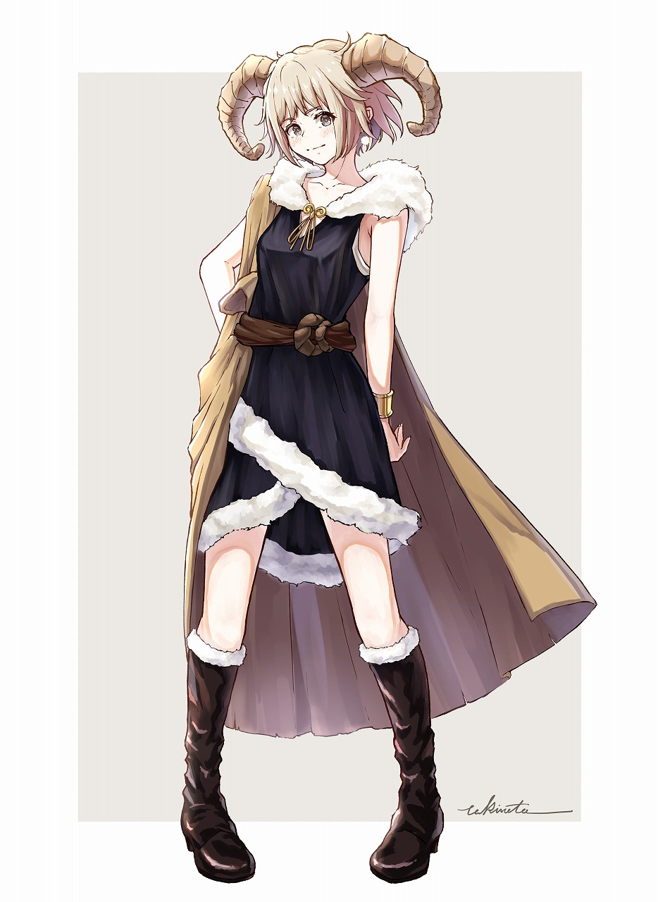 1girl, blonde_hair, boots, cape, cloak, dress, earrings, fur-trimmed_dress, fur_trim, grey_eyes, highres, horns, jewelry, looking_at_viewer, original, sheep_horns, short_hair, solo, takimoto_nao