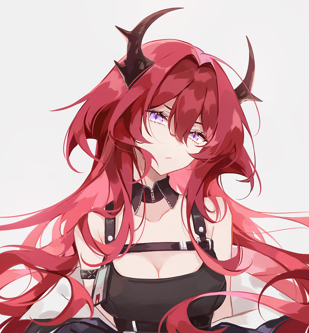 arknights, bare_shoulders, demon_girl, demon_horns, dress, horns, long_hair, looking_at_viewer, miya_(zawarudo), redhead, slit_pupils, surtr_(arknights), violet_eyes