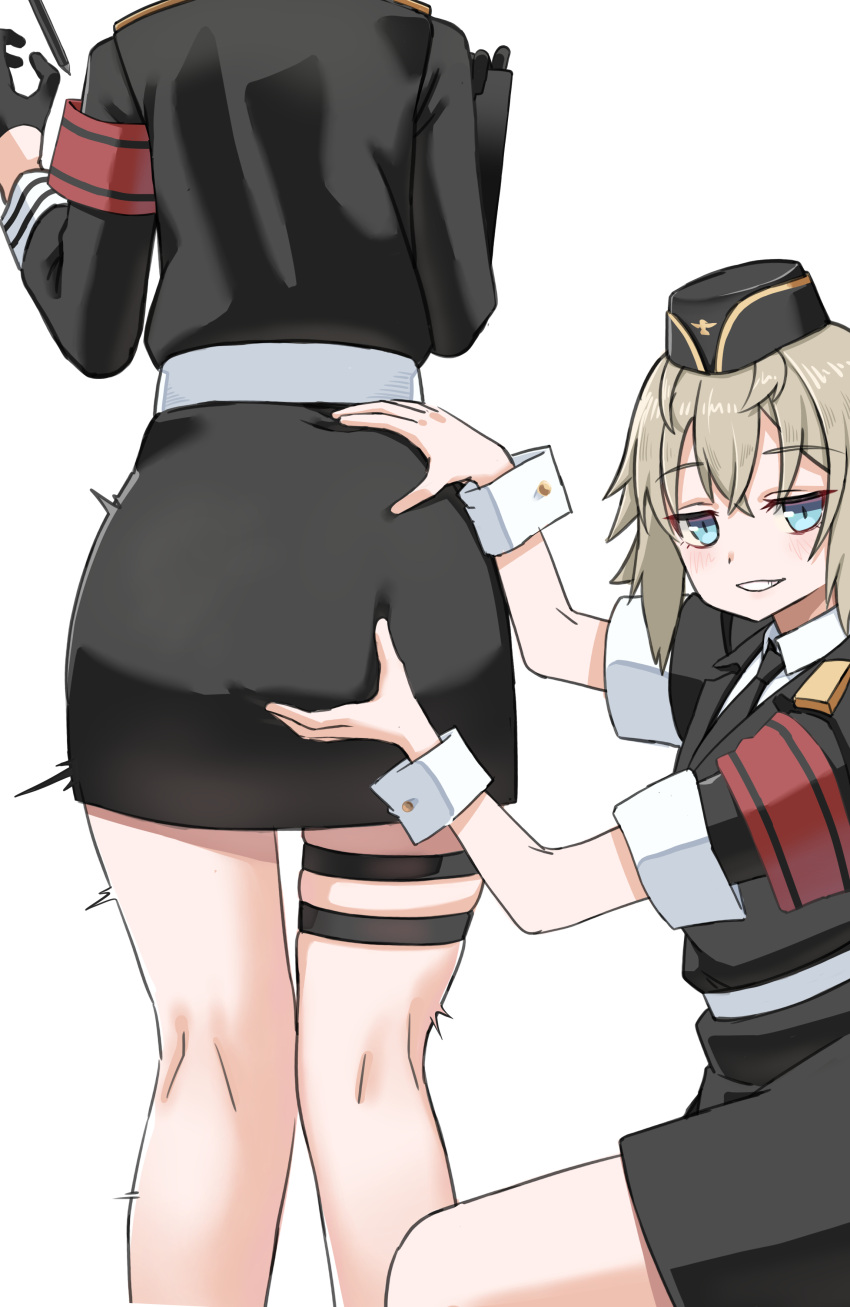 2girls, absurdres, armband, ass, ass_grab, belt, blonde_hair, blue_eyes, eyebrows_visible_through_hair, girls_frontline, gloves, grin, hat, head_out_of_frame, highres, military_hat, mp40_(girls_frontline), mp41_(girls_frontline), multiple_girls, necktie, short_hair, smile, surprised, thigh_strap, toryu_fufu, uniform, wrist_cuffs