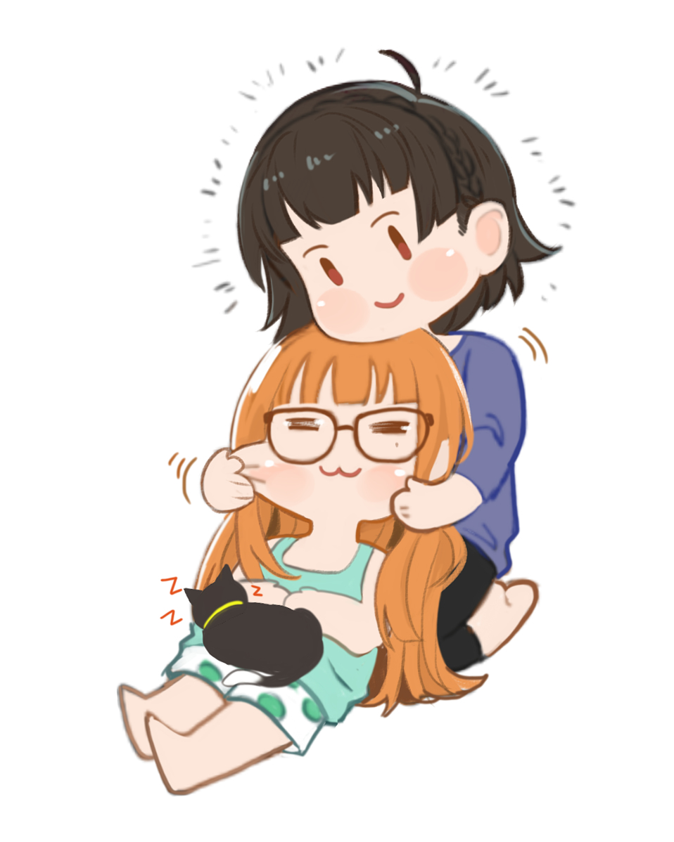 2girls, animal_on_lap, arms_up, bangs, bare_shoulders, barefoot, black_cat, black_legwear