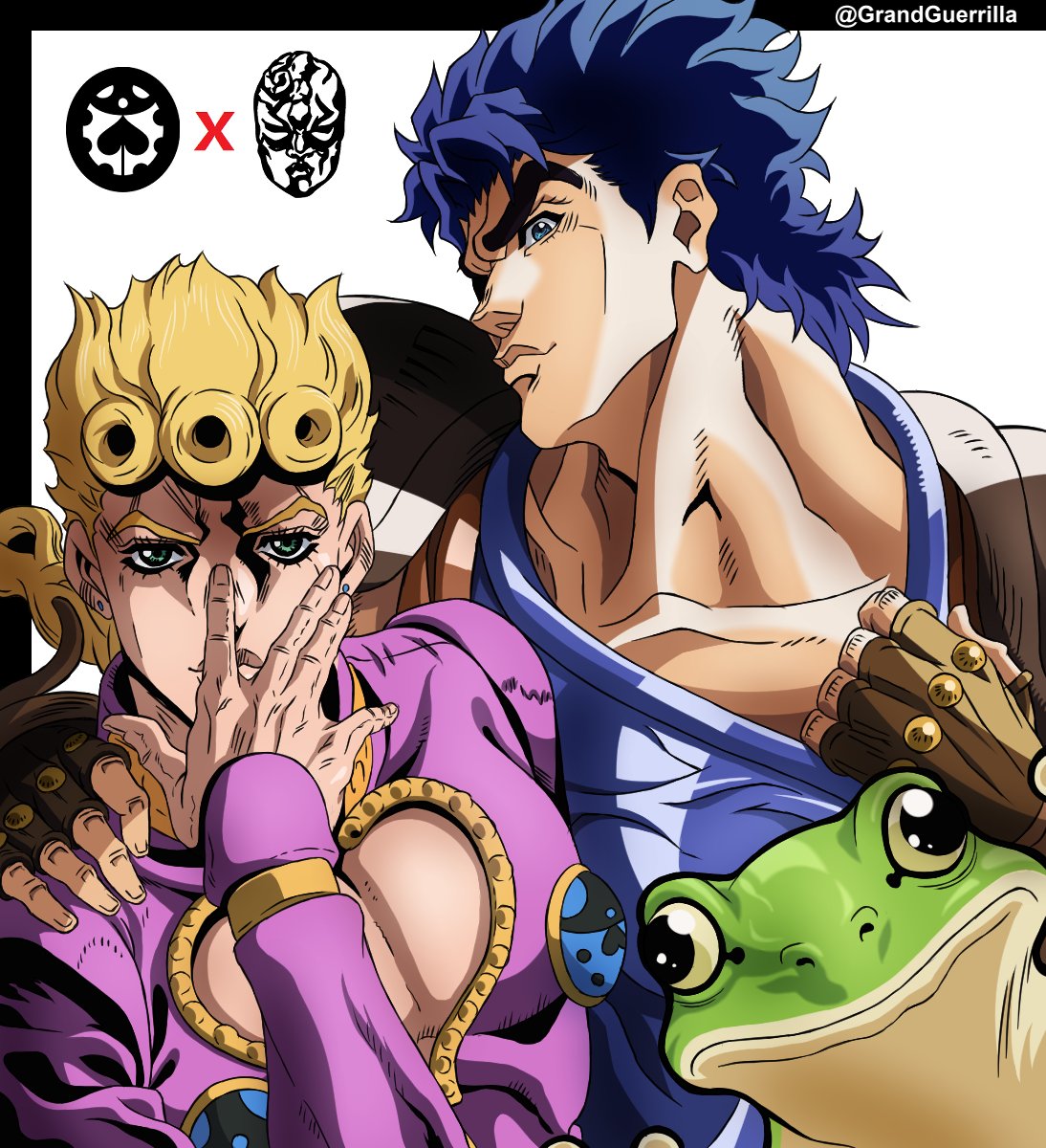 2boys, animal, armor, artist_name, blonde_hair, blue_eyes, blue_hair, blue_shirt