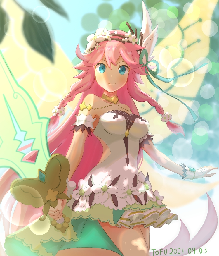 1girl, bangs, bare_shoulders, blue_eyes, breasts, dated, dragalia_lost, dress, eyebrows_visible_through_hair, fairy, flower, hair_between_eyes, hair_flower, hair_ornament, holding, holding_sword, holding_weapon, long_hair, looking_at_viewer, notte_(dragalia_lost), pink_hair, pleated_dress, silken_tofu, smile, solo, strapless, strapless_dress, sword, very_long_hair, weapon, white_dress, wings, yellow_wings