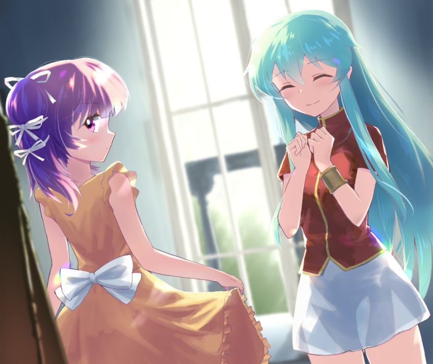 2girls, aqua_hair, bangs, blush, bracelet, closed_eyes, dress, dress_lift