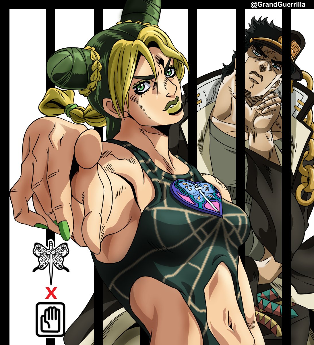 1boy, 1girl, adapted_uniform, aqua_eyes, artist_name, bars, belt, black_coat