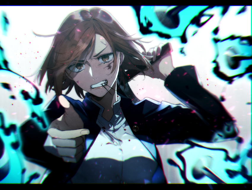 1girl, arm_up, aura, bangs, black_border, black_jacket, border, brown_eyes