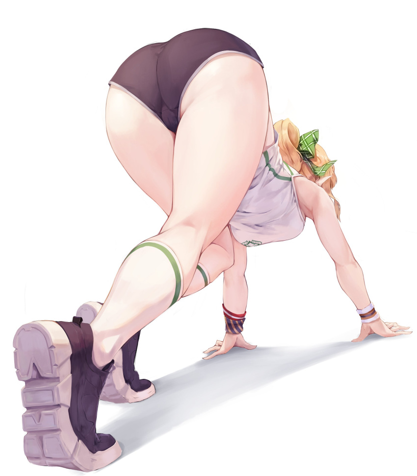 1girl, absurdres, all_fours, ass, ass_focus, black_buruma, black_footwear, blonde_hair, bow, buruma, chloe_(princess_connect!), commentary_request, from_behind, green_bow, hair_bow, highres, hiki_niito, princess_connect!, princess_connect!_re:dive, shirt, shoes, simple_background, sleeveless, sleeveless_shirt, socks, solo, white_background, white_shirt, wristband
