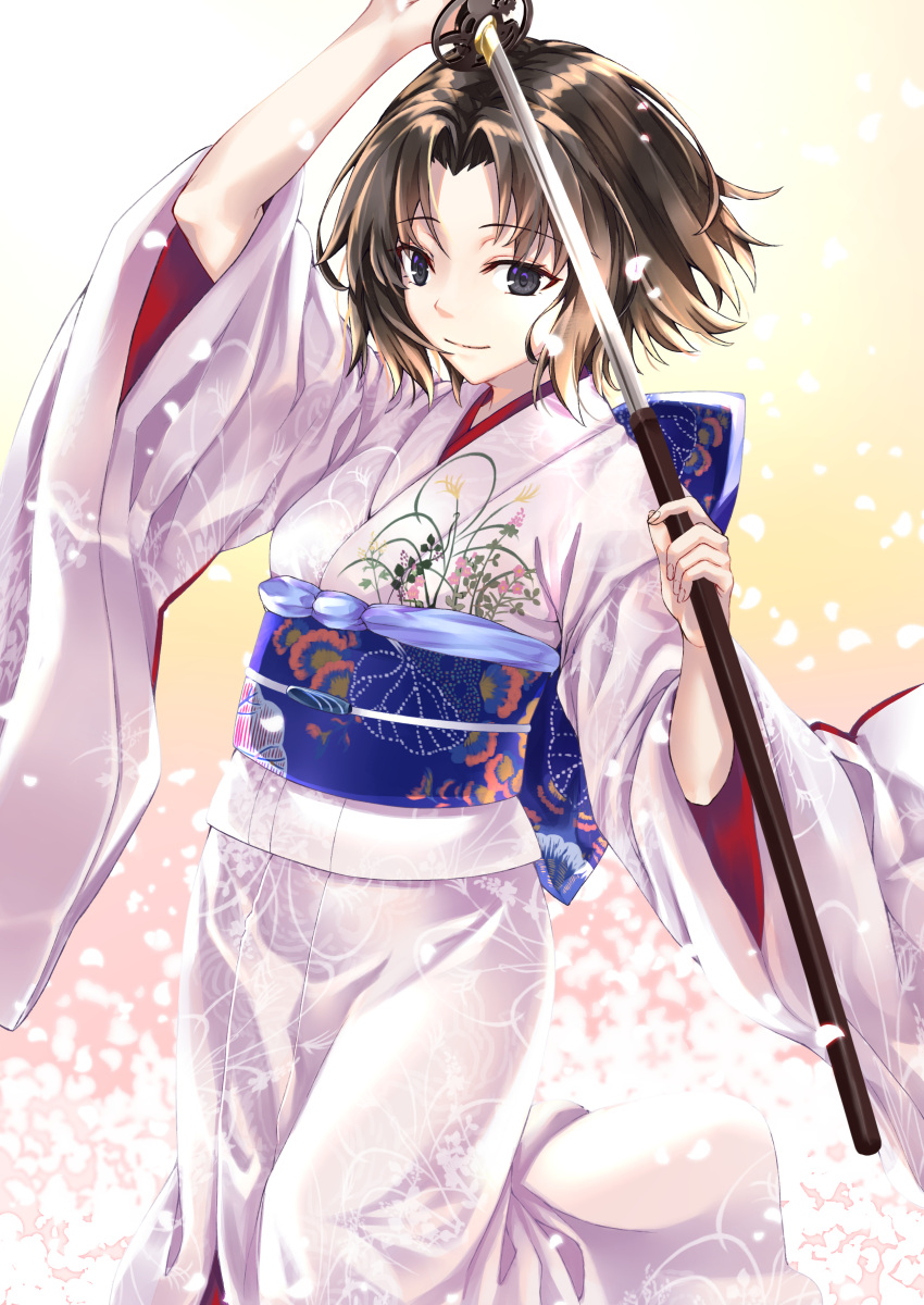1girl, absurdres, black_eyes, brown_hair, hair_intakes, highres, holding, holding_sheath