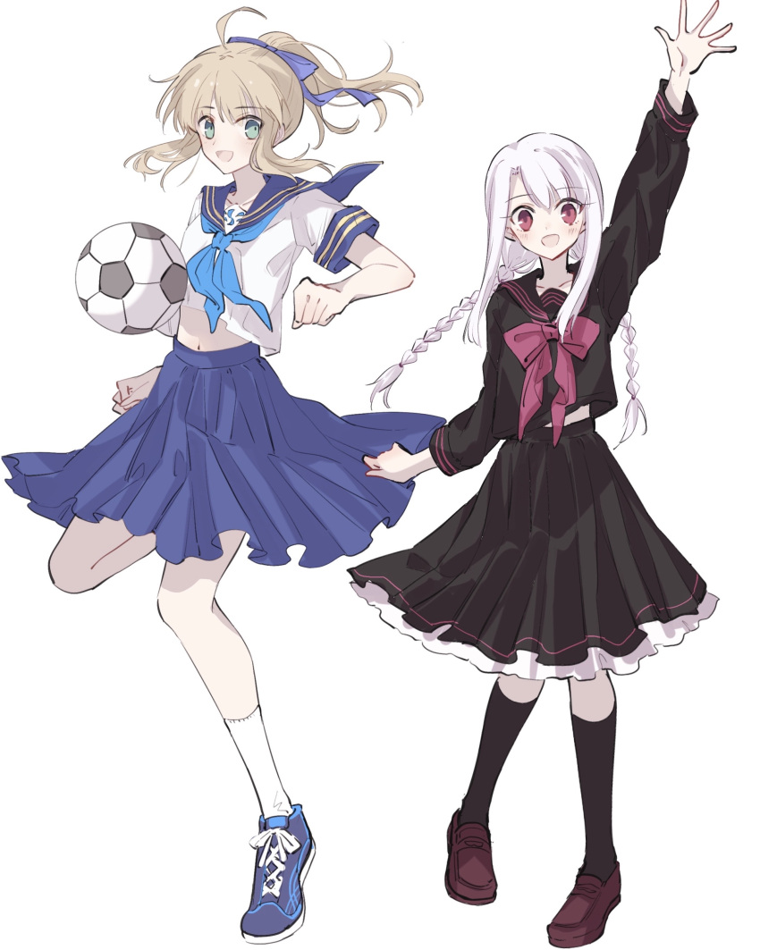 :d, absurdres, ahoge, alternate_costume, arm_up, artoria_pendragon_(all), ball, bangs, black_legwear, black_sailor_collar, black_serafuku, black_shirt, black_skirt, blue_bow, blue_footwear, blue_neckwear, blue_sailor_collar, blue_skirt, bow, bowtie, braid, collarbone, collared_shirt, eyebrows_visible_through_hair, fate/stay_night, fate_(series), floating_hair, green_eyes, hair_between_eyes, hair_bow, highres, illyasviel_von_einzbern, kneehighs, leg_up, loafers, long_hair, long_sleeves, looking_at_viewer, medium_skirt, nayu_tundora, open_mouth, outstretched_arm, outstretched_hand, pleated_skirt, ponytail, red_bow, red_eyes, red_footwear, red_neckwear, saber, sailor_collar, sailor_shirt, school_uniform, serafuku, shirt, shoes, short_sleeves, sidelocks, silver_hair, simple_background, skirt, smile, sneakers, soccer_ball, twin_braids, very_long_hair, white_background, white_legwear, white_shirt
