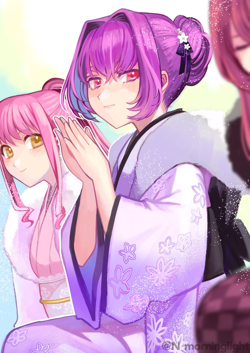 3girls, asakou_(n_morninglight), blush, fate/grand_order, fate_(series), flower, hair_bun, hair_flower
