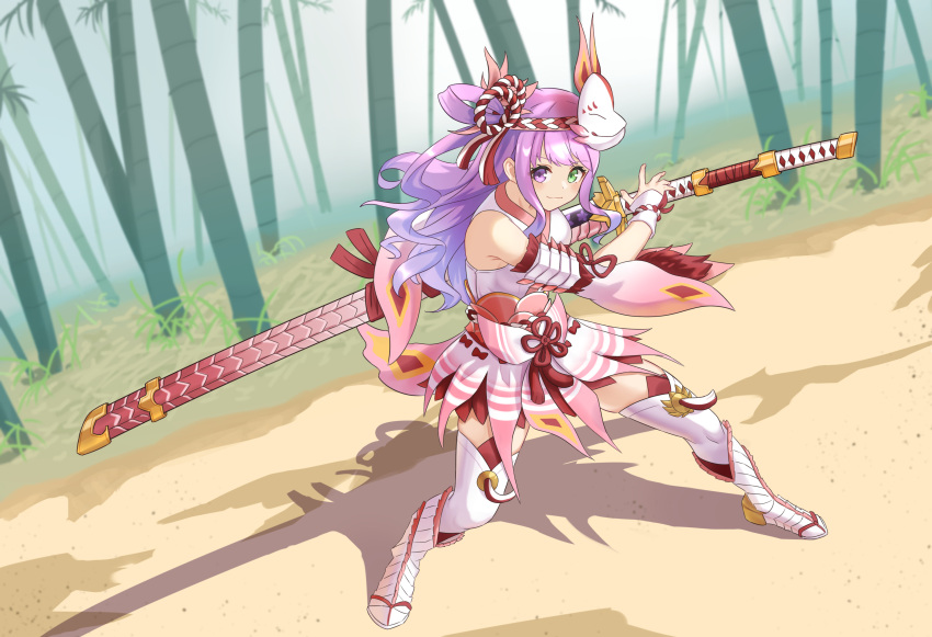 1girl, absurdres, boots, commentary_request, dress, eyebrows_visible_through_hair, fox_mask, green_eyes, hair_between_eyes, heterochromia, highres, himemori_luna, hololive, jiu_fanglianhua, long_hair, long_sword, looking_at_viewer, mask, mask_on_head, mizutsune_(armor), monster_hunter_(series), outdoors, pink_dress, pink_hair, pose, sheath, solo, thigh-highs, thigh_boots, violet_eyes, virtual_youtuber