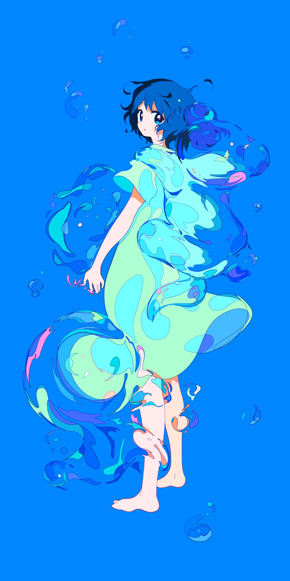 1girl, barefoot, blue_background, blue_eyes, blue_hair, bubble, dress, highres