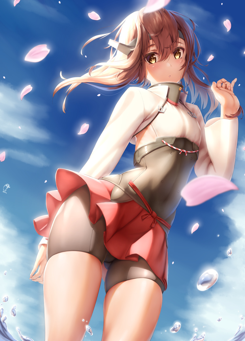 1girl, absurdres, ass_visible_through_thighs, bike_shorts, blue_sky, blush, breasts, brown_eyes