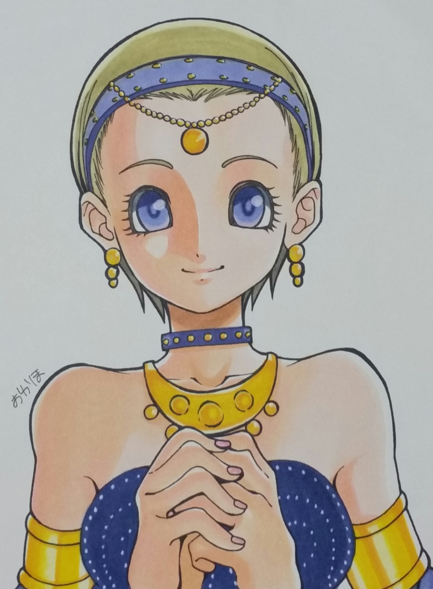 1girl, absurdres, akaho_(choco_daisuki), alternate_costume, armlet, artist_name, bare_shoulders, blonde_hair