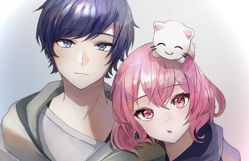 1boy, 2boys, after_the_rain, black_hair, blue_eyes, blue_hair, highres, holding