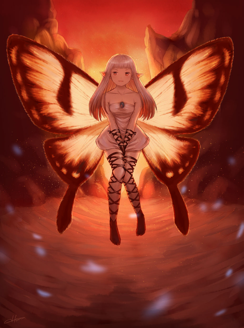 1girl, aerie_(bravely_default), bare_shoulders, between_legs, black_footwear, black_gloves, blunell_(artist), bravely_default:_flying_fairy, bravely_default_(series), breasts, brown_eyes, butterfly_wings, collarbone, dress, fairy, full_body, gloves, hand_between_legs, highres, legs, light, long_hair, outdoors, pointy_ears, short_dress, small_breasts, smile, solo, strapless, strapless_dress, thigh_strap, thighs, v_arms, white_dress, white_hair, wings