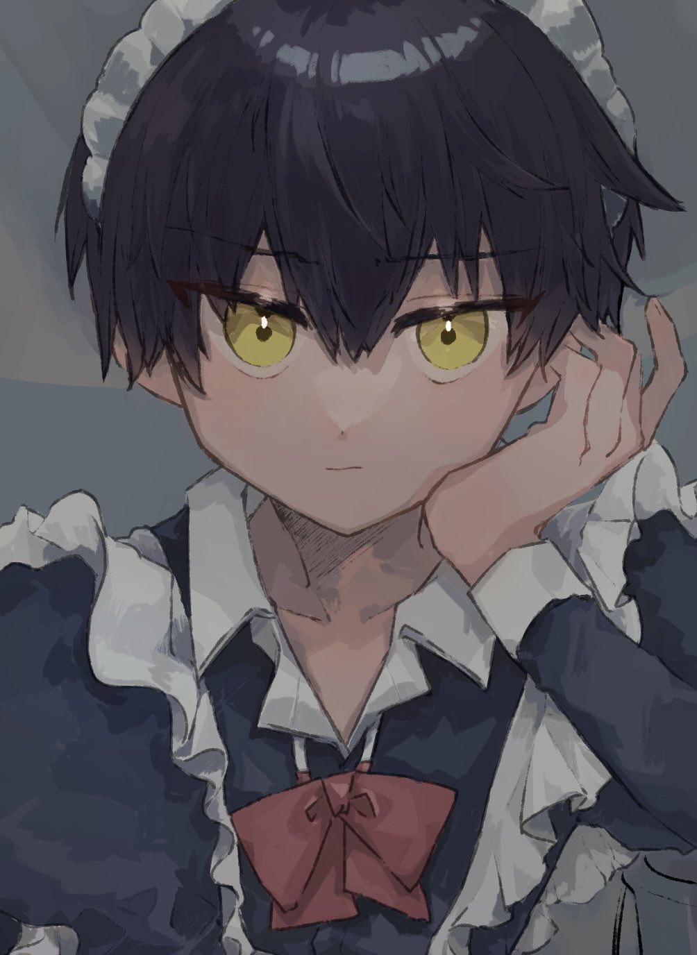 ambiguous_gender, black_hair, bow, check_copyright, closed_mouth, collarbone, copyright_request, cropped