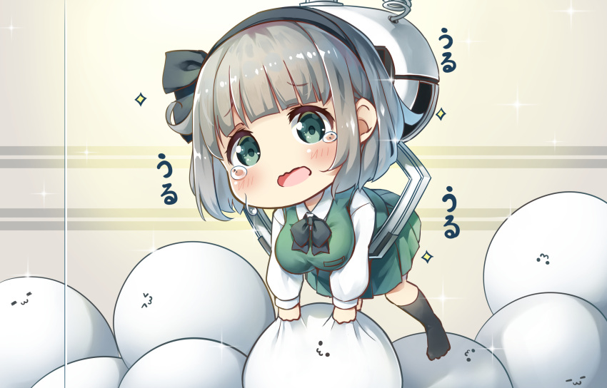 1girl, :3, aqua_eyes, bangs, black_hairband, black_legwear, black_neckwear, black_ribbon