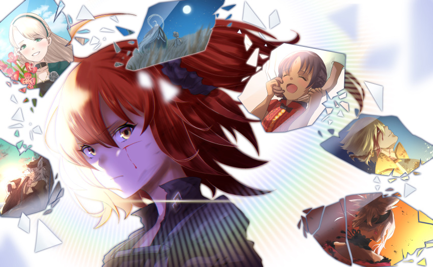 absurdres, ahoge, anniversary, asha_(fate), blood, bouquet, dark_skin, dark-skinned_female