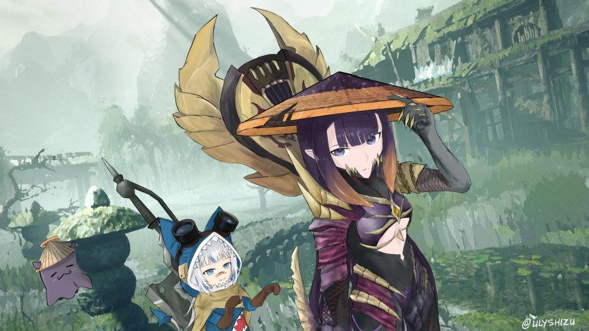 2girls, :3, adjusting_clothes, adjusting_headwear, animal_hood, cat_hood, cosplay, felyne