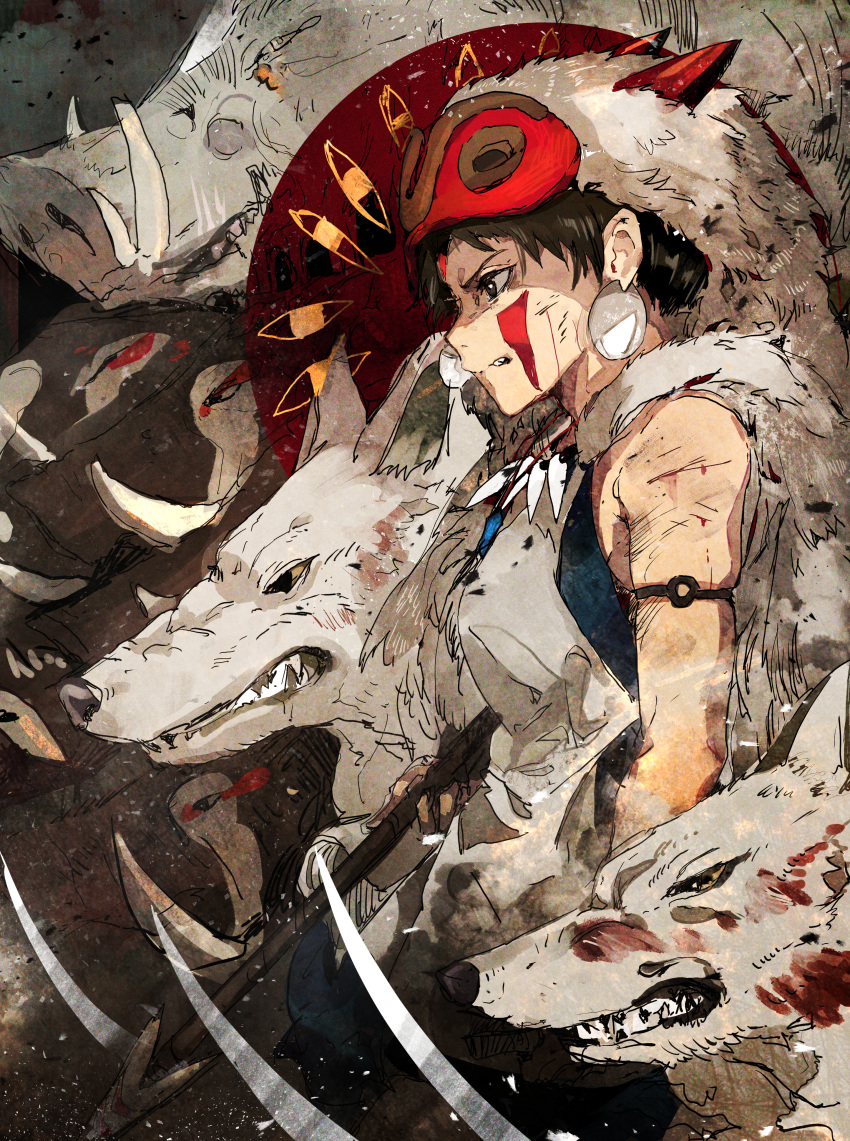 1girl, absurdres, armband, blood, boar, breasts, brown_eyes, brown_hair