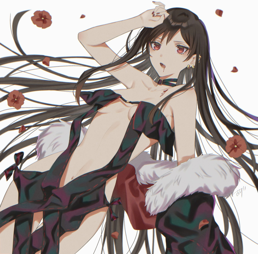 1girl, arm_up, bare_shoulders, black_choker, black_dress, blood, blood_on_face, breasts