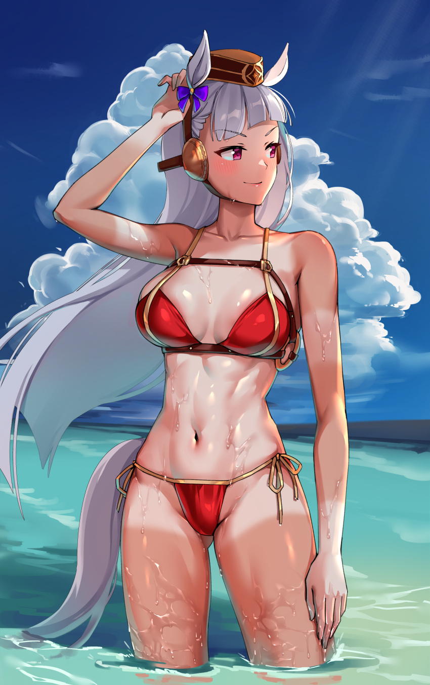 1girl, abs, absurdres, animal_ears, arm_up, bare_arms, bare_shoulders, bikini