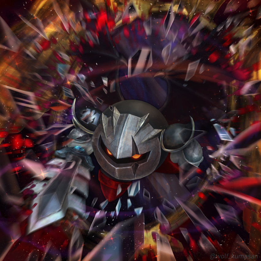 absurdres, bat_wings, broken_glass, broken_mirror, dark_meta_knight, glass, highres, kirby_(series), kirby_and_the_amazing_mirror, looking_at_viewer, mask, motion_blur, ninjya_palette, orange_eyes, red_footwear, sword, weapon, wings