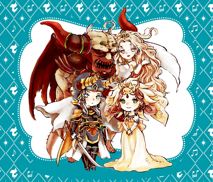 2boys, 2girls, armor, blonde_hair, chaos_(dff), chaos_(ff1), chibi, commentary_request