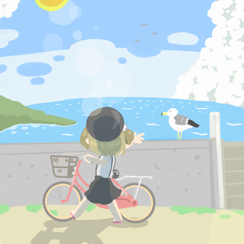 1girl, beret, bicycle, bird, black_skirt, clouds, day, from_behind, ground_vehicle, hat, hatoba_tsugu, highres, ocean, outdoors, sandals, seagull, short_hair, skirt, sky, solo, summer, sun, testest, tsugu_(vtuber), walking