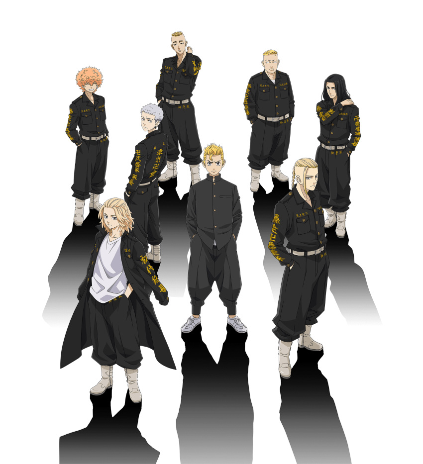 6+boys, baji_keisuke, black_hair, blonde_hair, delinquent, full_body, gakuran, hanagaki_takemichi, hayashida_haruki, highres, kawata_nahoya, long_hair, looking_at_viewer, male_focus, mitsuya_takashi, multiple_boys, mutou_yasuhiro, official_art, orange_hair, ryuuguuji_ken, sano_manjirou, school_uniform, shadow, straight-on, tokyo_revengers, transparent_background, younger