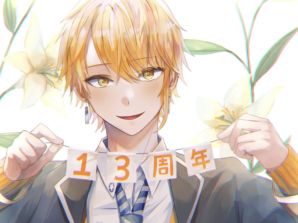 1boy, anniversary, asymmetrical_bangs, bangs, blazer, blonde_hair, blush, earrings