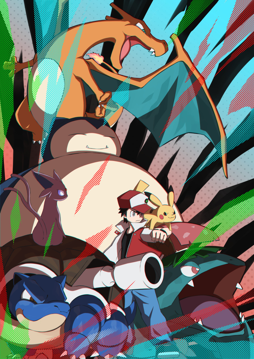 1boy, badge, bangs, baseball_cap, black_hair, black_shirt, blastoise, blue_pants, charizard, closed_mouth, commentary_request, espeon, gen_1_pokemon, gen_2_pokemon, hand_up, hat, highres, jacket, looking_to_the_side, male_focus, ocha2_22, open_clothes, open_jacket, pants, pikachu, pokemon, pokemon_(creature), pokemon_(game), pokemon_on_arm, pokemon_rgby, red_(pokemon), red_jacket, shirt, shoes, short_hair, short_sleeves, snorlax, standing, venusaur