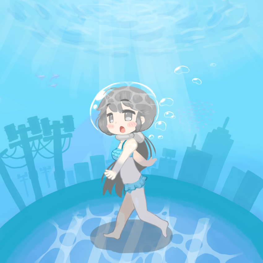 1girl, bikini, blush_stickers, breasts, bubble, character_request, copyright_request, eyebrows_visible_through_hair, frilled_bikini, frills, highres, long_hair, ocean, small_breasts, solo, swimsuit, testest, underwater