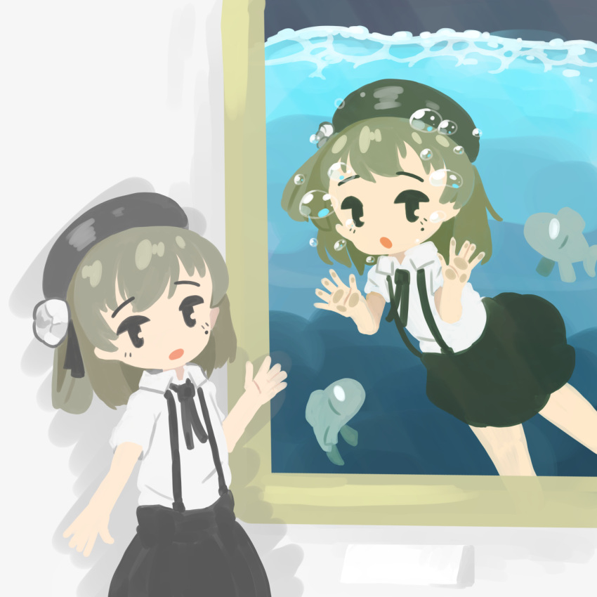 1girl, bangs, beret, black_eyes, black_headwear, collared_shirt, fish, green_hair