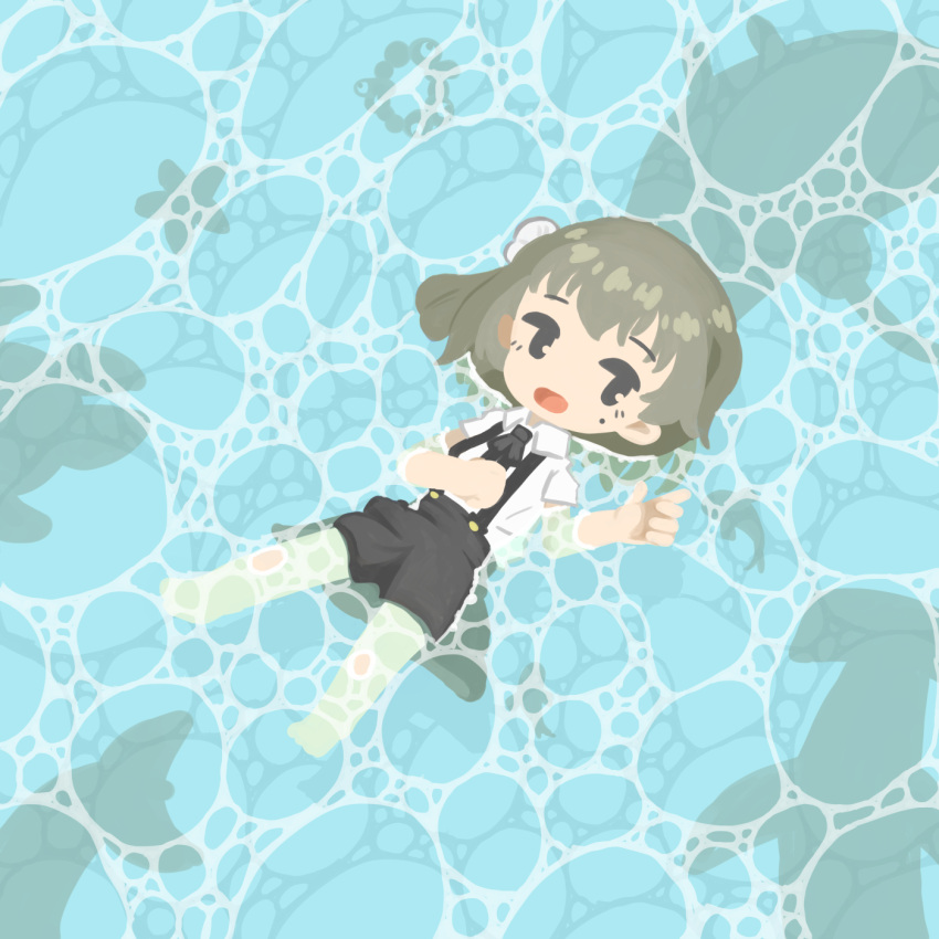 1girl, afloat, bangs, black_eyes, black_headwear, brown_hair, collared_shirt, hat